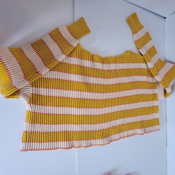 Free People Bateau Neck Striped Cropped Midriff L/S  Sweater Size XS Gold Beige - Picture 9 of 12